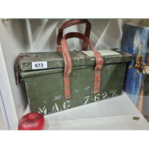 673 - A vintage Irish Defence Forces Vickers ammo box c. 1930/40s. Later reused for 7.62 ammo c.1970s. Fea... 