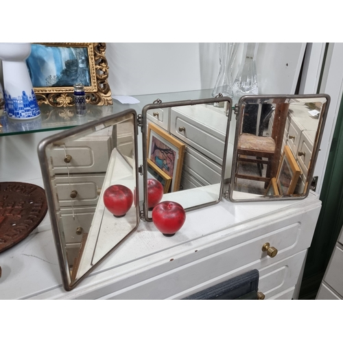 686 - A fabulous vintage three panel table top dressing mirror. May be a campaign mirror .