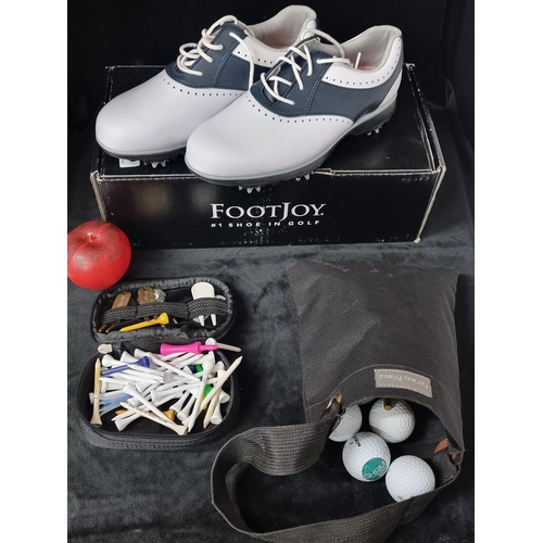 728 - A collection of high quality golf accessories including a brand new pair of Footjoy eMerge women's g... 