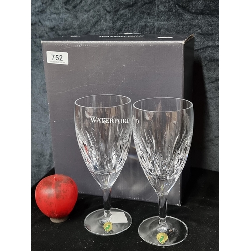 752 - A striking pair of brand new in box, Waterford Crystal tall stemmed drinking glasses. Wine / Champag... 