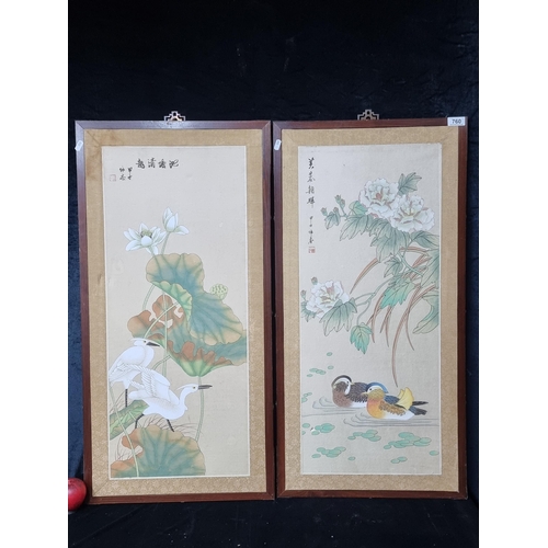 760 - A lovely pair of vintage eastern Asian wall plaques featuring delicate hand painted scenes on silk o... 