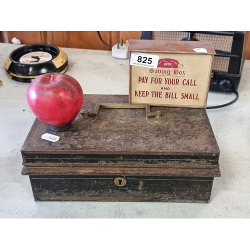 825 - Two vintage boxes including a heavy metal money box along with a rather charming saving's box.