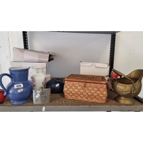 828 - A mixed lot of items including a large blue ceramic art deco pitcher jug, a hip flask and a brass co... 