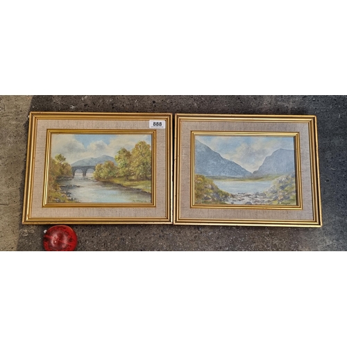 888 - Two original oil on board painting featuring Irish riverside and lough landscapes. Signed K. Mayne b... 