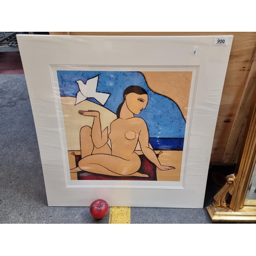 900 - A high quality gallery giclée print of a painting featuring a cubist female nude and dove. Housed in... 