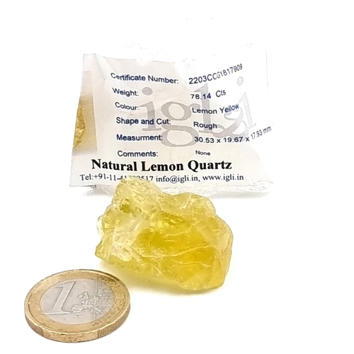 922 - A natural lemon quartz stone of 78.14 cts, comes with certification number.