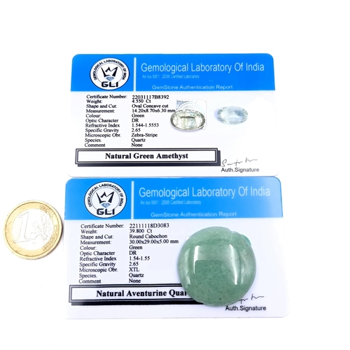 923 - Two gem stones including a natural green amethyst, weight 4.55 cts, comes with natural aventurine qu... 