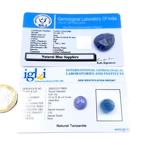 924 - Two natural gem stones including a tazanite of 6.54 cts together with a blue sapphire of 25.2 cts, b... 