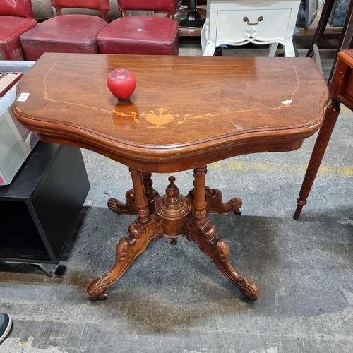 631 - Star Lot : A beautiful Victorian style folding card table with an elaborate carved pedestal base, br... 