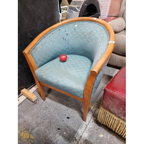 635 - A very comfortable tub chair with solid wood frame and green upholstery. Some small stains on fabric... 