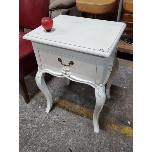 638 - A French style painted wood bedside table with single drawer and brass pull handle.