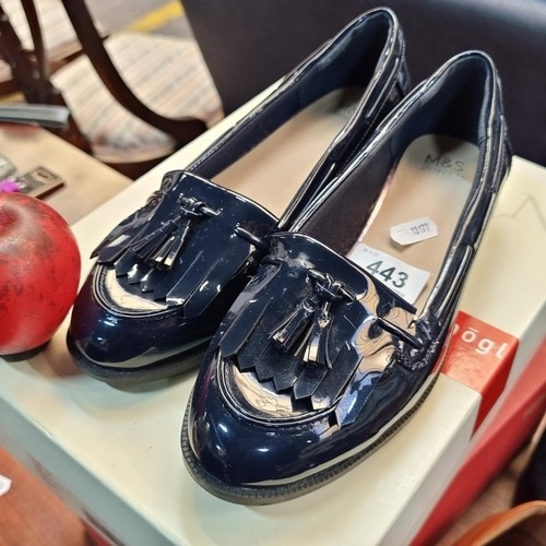 216 - A very pretty pair of brand new ladies navy loafer shoes from M&S Autograph collection. Size UK 5.