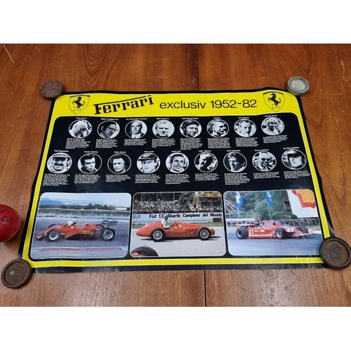 244 - Five prints of motor interest including a vintage A2 sized printed poster featuring Ferrari F1 drive... 