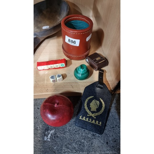 886 - Two packs of poker dice along with a dice cup, a glass sculpture of an apple and a leather luggage t... 