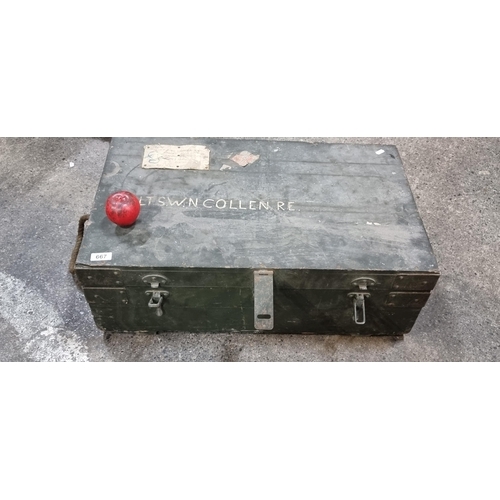 667 - A large heavy vintage wooden Northern Irish army case / trunk with metal hardware and rope handles. ... 