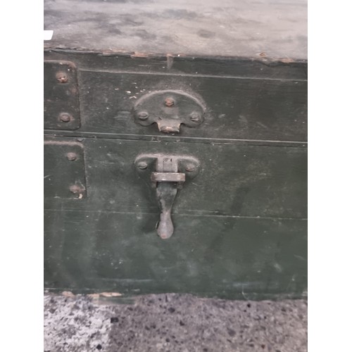 667 - A large heavy vintage wooden Northern Irish army case / trunk with metal hardware and rope handles. ... 