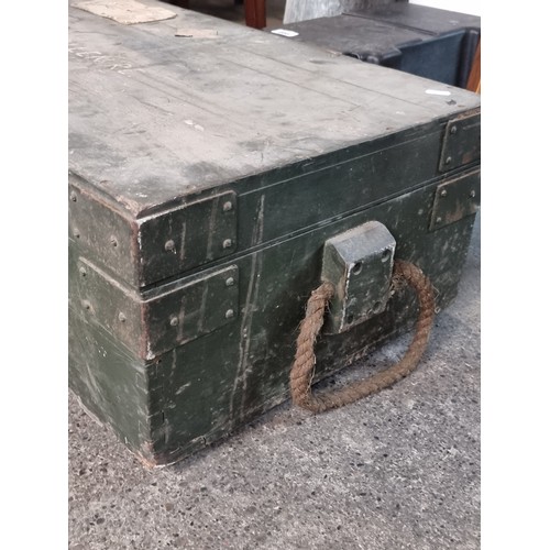 667 - A large heavy vintage wooden Northern Irish army case / trunk with metal hardware and rope handles. ... 