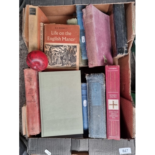 847 - A crate filled with vintage and antique books, featuring a number of first editions. Includes titles... 