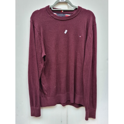 339 - Classic Tommy Hilfiger pima cotton cashmere burgundy sweater, featuring ribbed cuffs and collar, exe... 