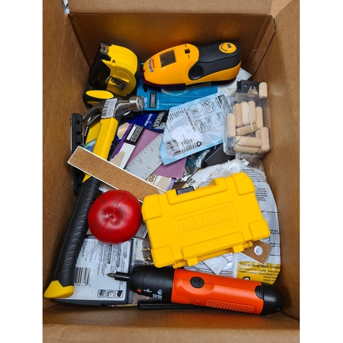 438 - A good assortment of tools featuring a DEWALT bit case, Hammer, measuring tape, Laser level and elec... 