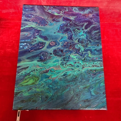 304 - A hypnotic original marble painting featuring pearlescent paint in sea greens and blues. Signed S Ga... 