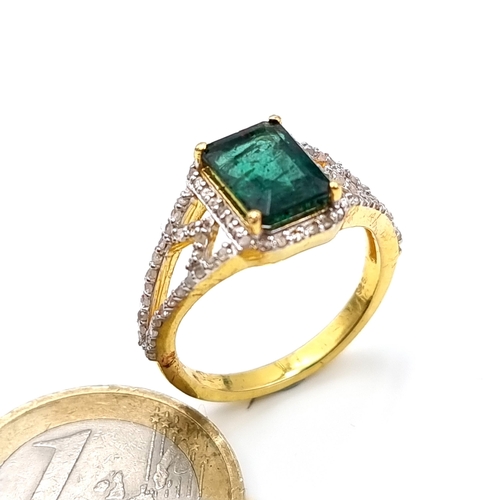 502 - Star Lot : An attractive Natural large emerald  3.17cts ring with lattice cut diamond 1.2cts mount, ... 