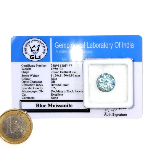 515 - A very bright example of an Ocean blue moissanite stone of 4.95 cts, a very bright example, come wit... 