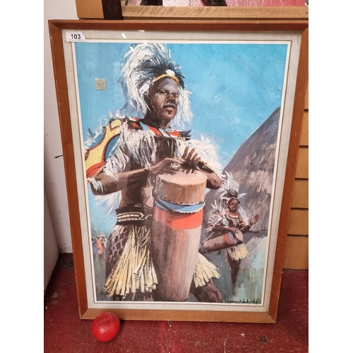 103 - A print of a painting featuring a vibrant tribal scene including two drummers dressed in traditional... 