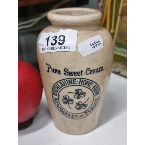 139 - A rare cream jar from Rathlahine home farm. Operated by the Stoney Family throughout the later part ... 