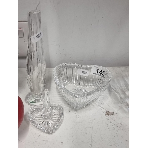 145 - Three fabulous pieces of Waterford Crystal including a heart shaped dish, a delicate bud vase and a ... 