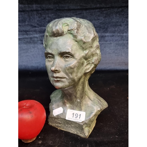 191 - Star Lot : A heavy hollow bronze bust depicting Ann Kirkwood-Hackett 1912-1974. With a jade green pa... 