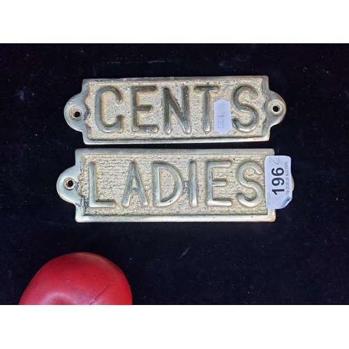 196 - A duo of brass brass toilet plaques for 'Ladies' and 'Gents'.