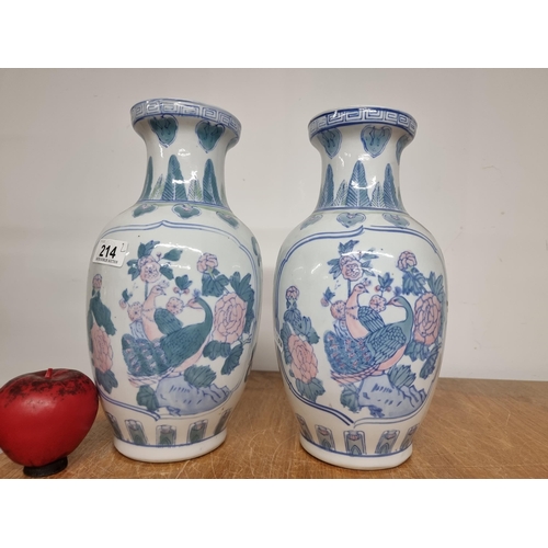 214 - A fabulous pair of traditional hand painted Chinese vases depicting both bird and floral patterns.