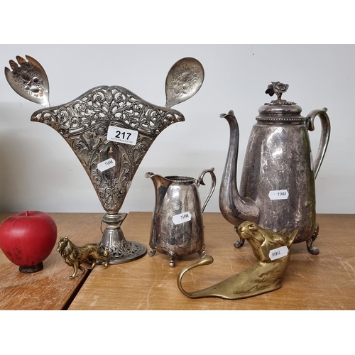 217 - Seven vintage items including a silver plated coffee pot, milk jug and two brass items including a c... 