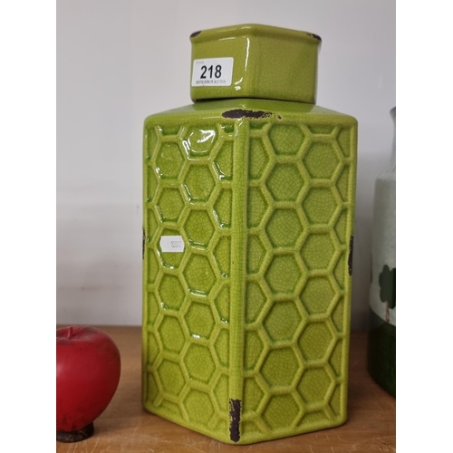 218 - A gorgeous large mid century style green stoneware lidded hexagonal jar.