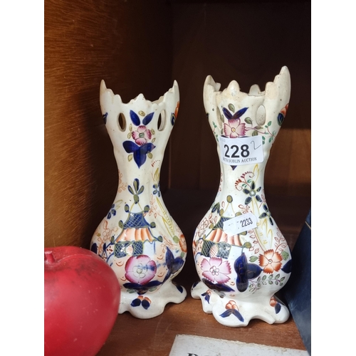 228 - A superb pair of beautiful hand painted antique vases boasting rich tones of blue, purple and orange... 