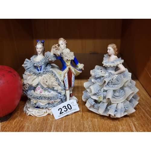 230 - Two elegant Irish Dresden figurines, so much work in these.