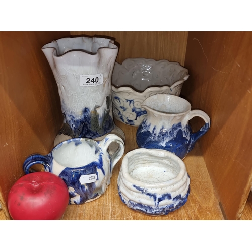 240 - Five hand crafted studio pottery items including vase, jug and bowl, in very good condition.