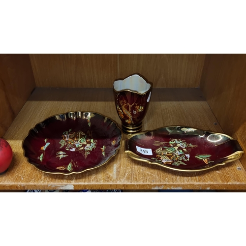 248 - Three pieces of vintage Carlton Rouge Royal Luster Ware featuring oriental scenes. In good order alw... 