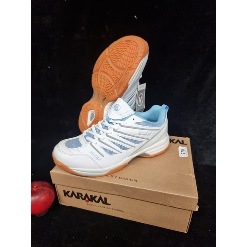 270 - A pair of brand new Karakal X-Shock tennis court shoes model XS-281. Size EU 41. In blue and white f... 