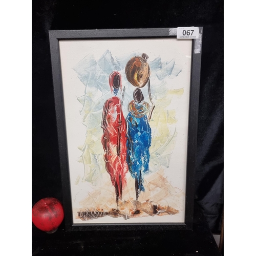 67 - An interesting oil on cotton canvas painting featuring two figures in a sgraffito style. Signed D. K... 