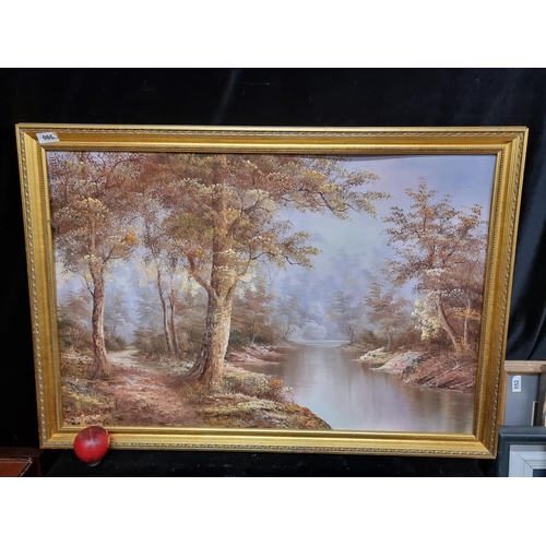 85 - A large original oil on board painting of a tranquil riverside landscape. Beautiful use of lilac and... 