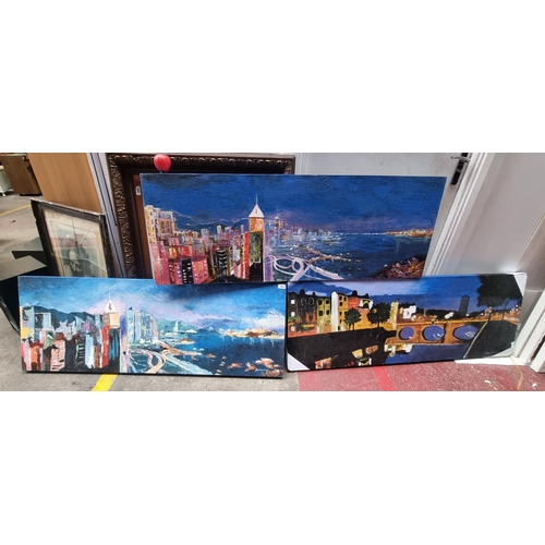 90 - A colourful trio of very large original oil on canvas paintings featuring city landscapes under moon... 