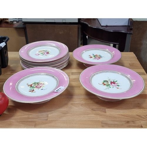 471 - A set of 8 stunning antique Staffordshire lunch / cake plates with 3 footed cake stands. All hand pa... 