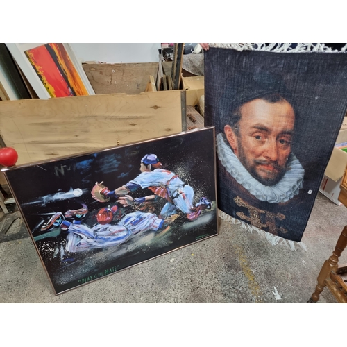 487 - A printed rug with a portrait of William I, Prince of Orange along with a large print of a painting ... 