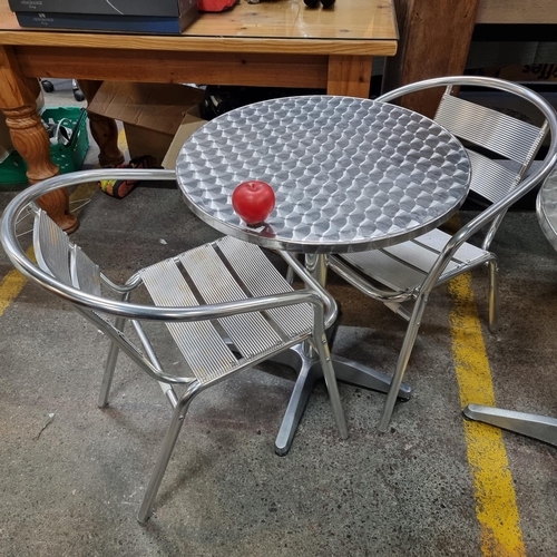 493 - A stainless steel Bolero round cafe / bistro table and two chairs. A great little outdoor dining set... 