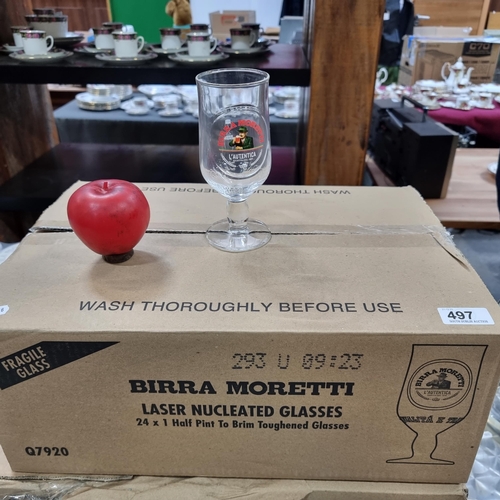 497 - A box of 24 half pint nucleated beer glasses from Birra Moretti.