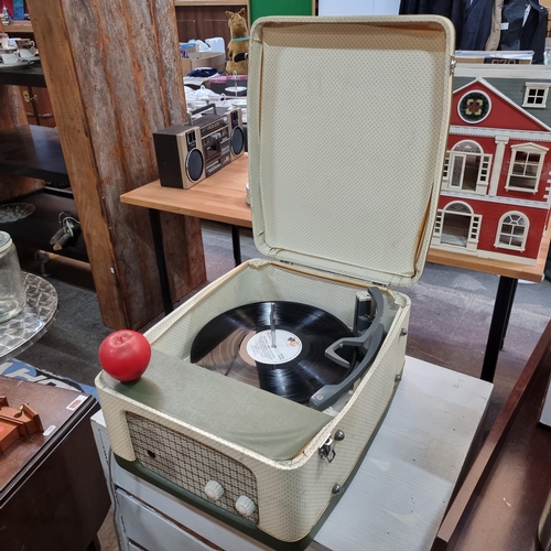 554 - A fab 1950's PYE portable record player turntable with green a cream patterned carry case.