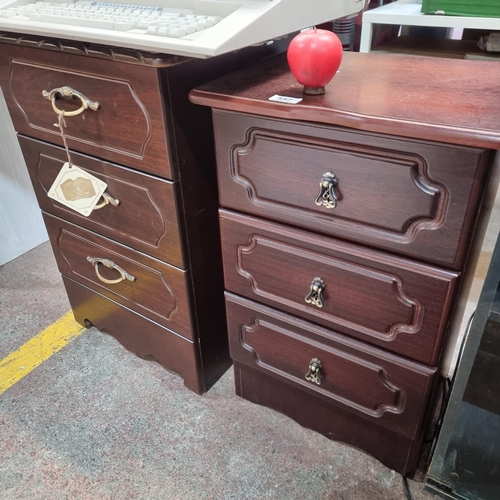 557 - Two sets of 3 drawer mahogany lockers with brass pull handles. Including wone with tags.