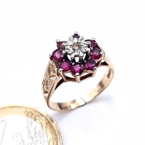 529 - Star Lot : A good quality vintage hallmarked 9K gold vintage diamond and ruby ring, stones set to a ... 